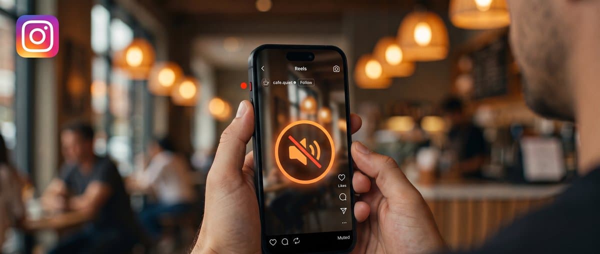 Phone showing an Instagram reel playing with a crossed-out speaker icon to represent missing audio