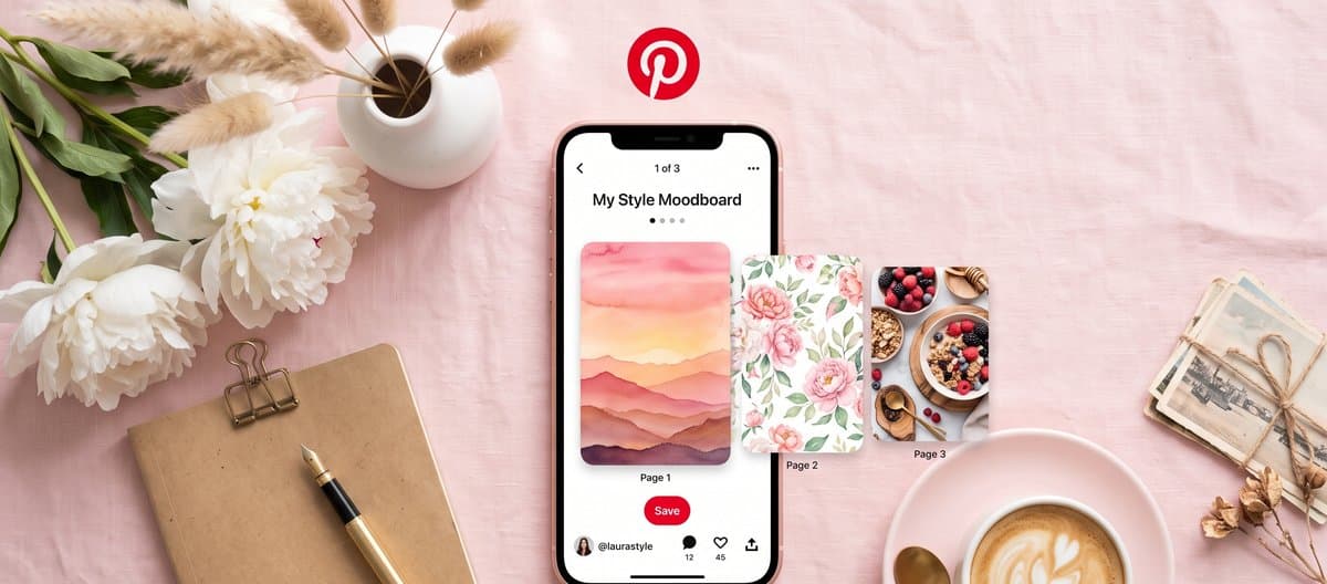 Phone screen showing a Pinterest Idea Pin video with multiple frames and a download button highlighted